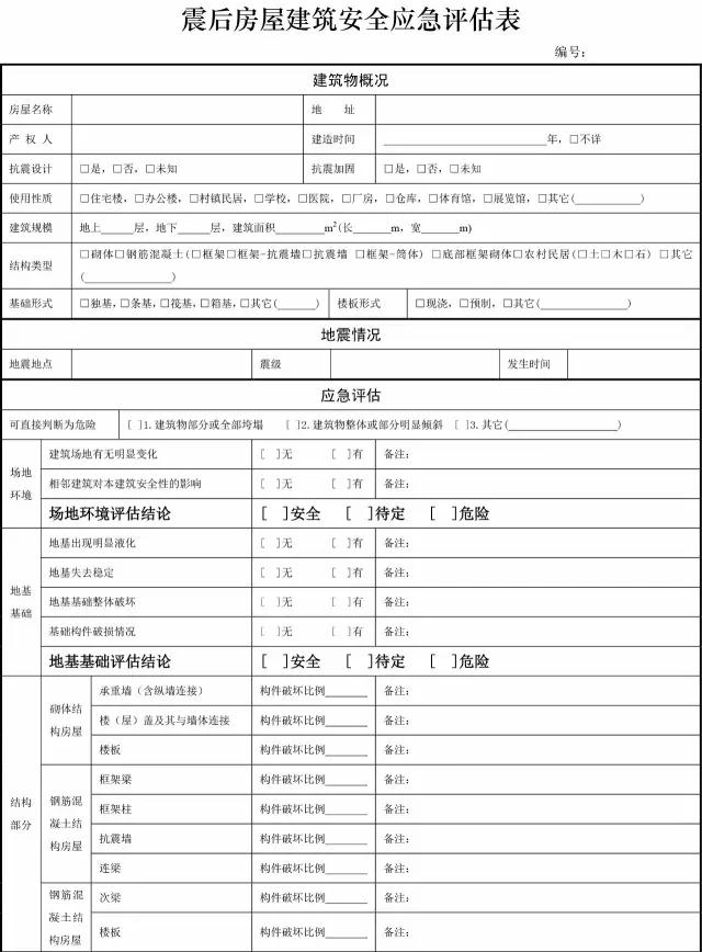 震后房屋建筑安全应急评估表